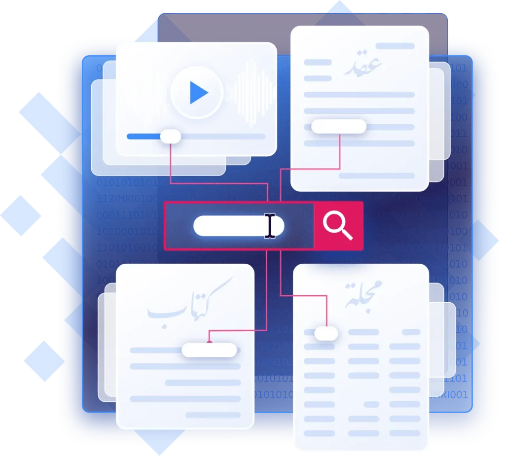 رسم رقمي يوضح إمكانية البحث داخل المستندات العربية بالإضافة إلى مقاطع الفيديو والصوت